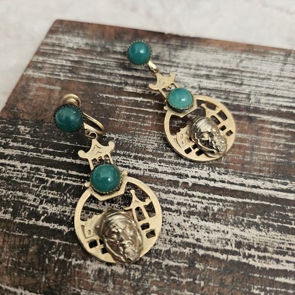Ancient Chinese Zhou armor Warrior Samurai Japan Gold Tone Jade Stone Earrings - Picture 12 of 12